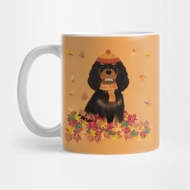 Black and Tan Cavalier in Fall Leave, Cavalier King Charles Spaniel by Cavalier Gifts